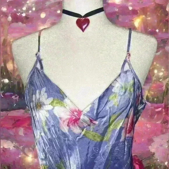 Y2K 90s Sand Blue Floral Satin Midi Slip Dress By LA Intimates - Picture 2 of 9